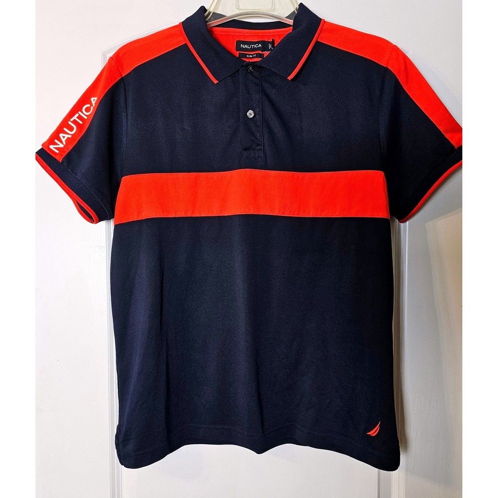 Nautica Mens Slim Fit Polo Shirt Navy Blue Red‎ Colorblock Logo Large K7231B